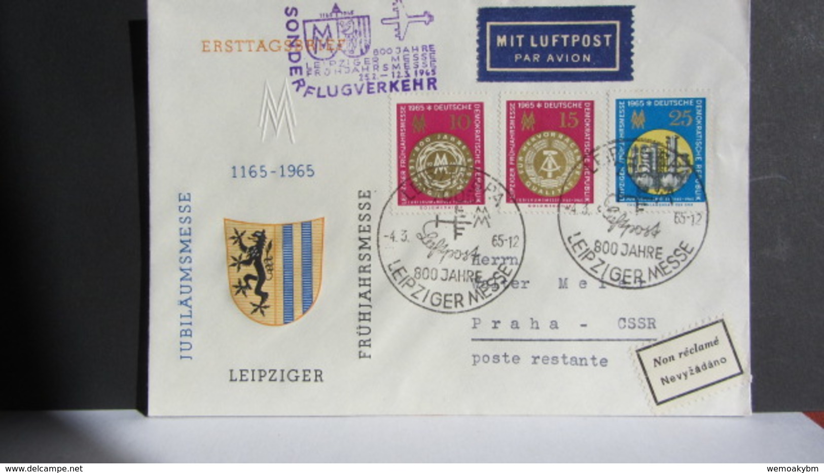 DDR: A-Lp-Brief Von Der Messestadt Leipzig Nach Prag Mit SoSt 4.3.65 U. Lp-Bestätigungs-Stpl Auf FDC-Umschlag Knr:1090/2 - Luftpost