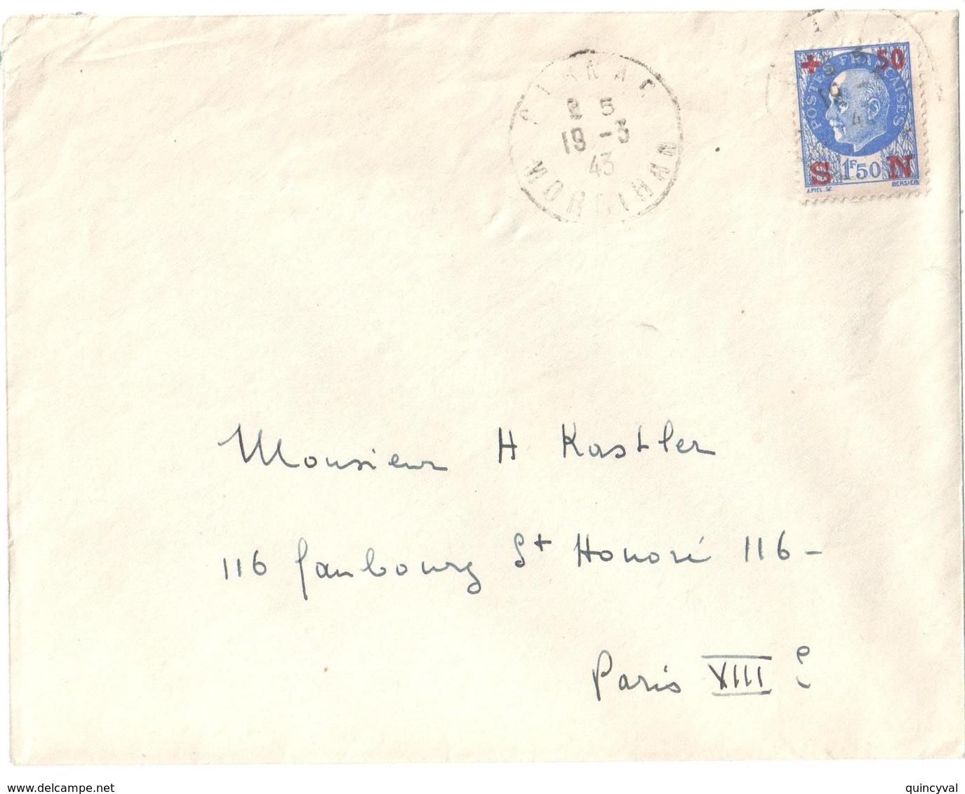 CARNAC Morbihan Lettre 1,50 F Pétain Bleu Surchargé +50 S N  B 19 3 1943 - Storia Postale