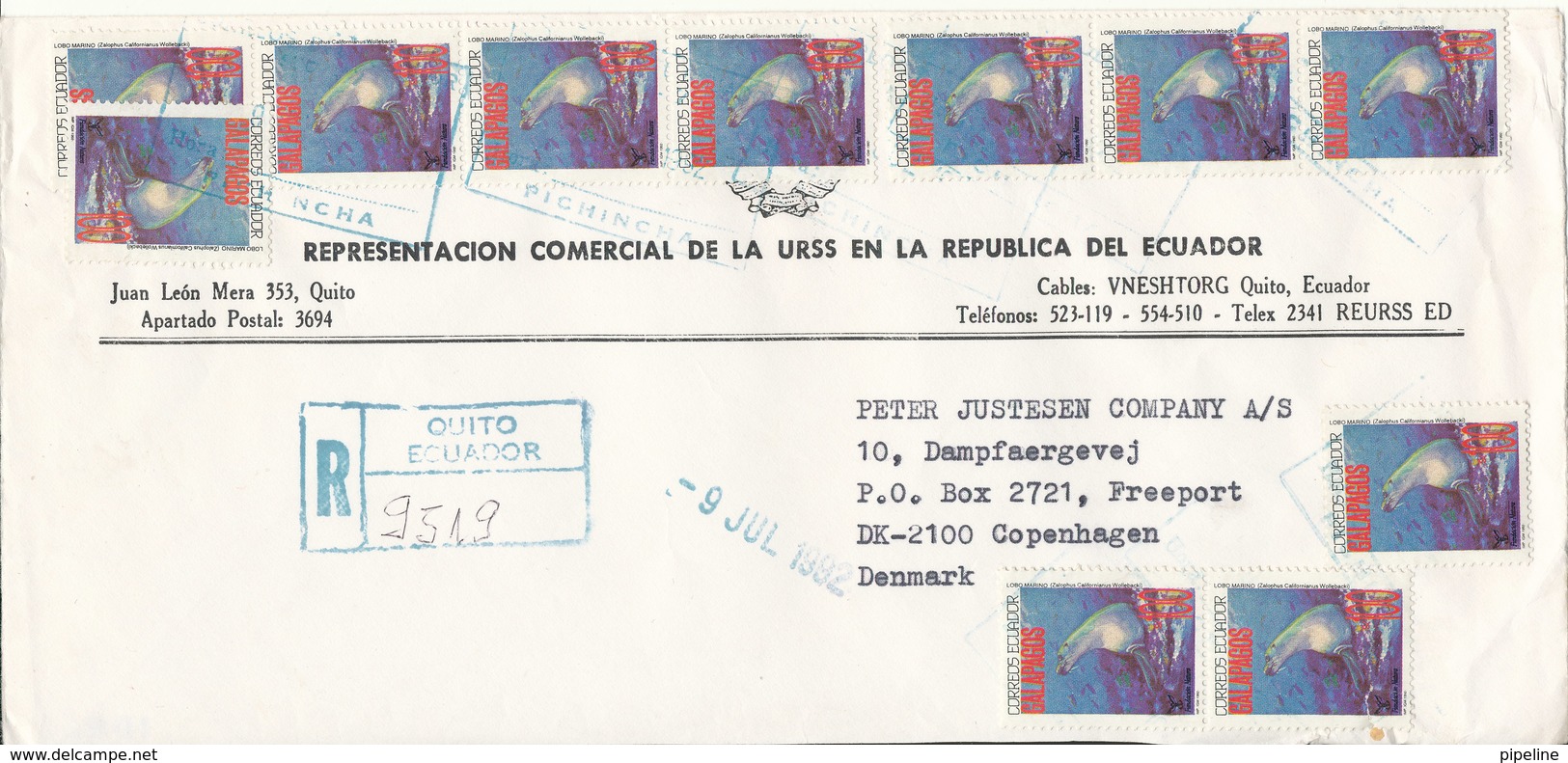 Ecuador Registered Cover Sent To Denmark 9-7-1992 With 11 Of The Same Stamp (1 Stamp And The Cover Is Damaged At The Bo) - Ecuador