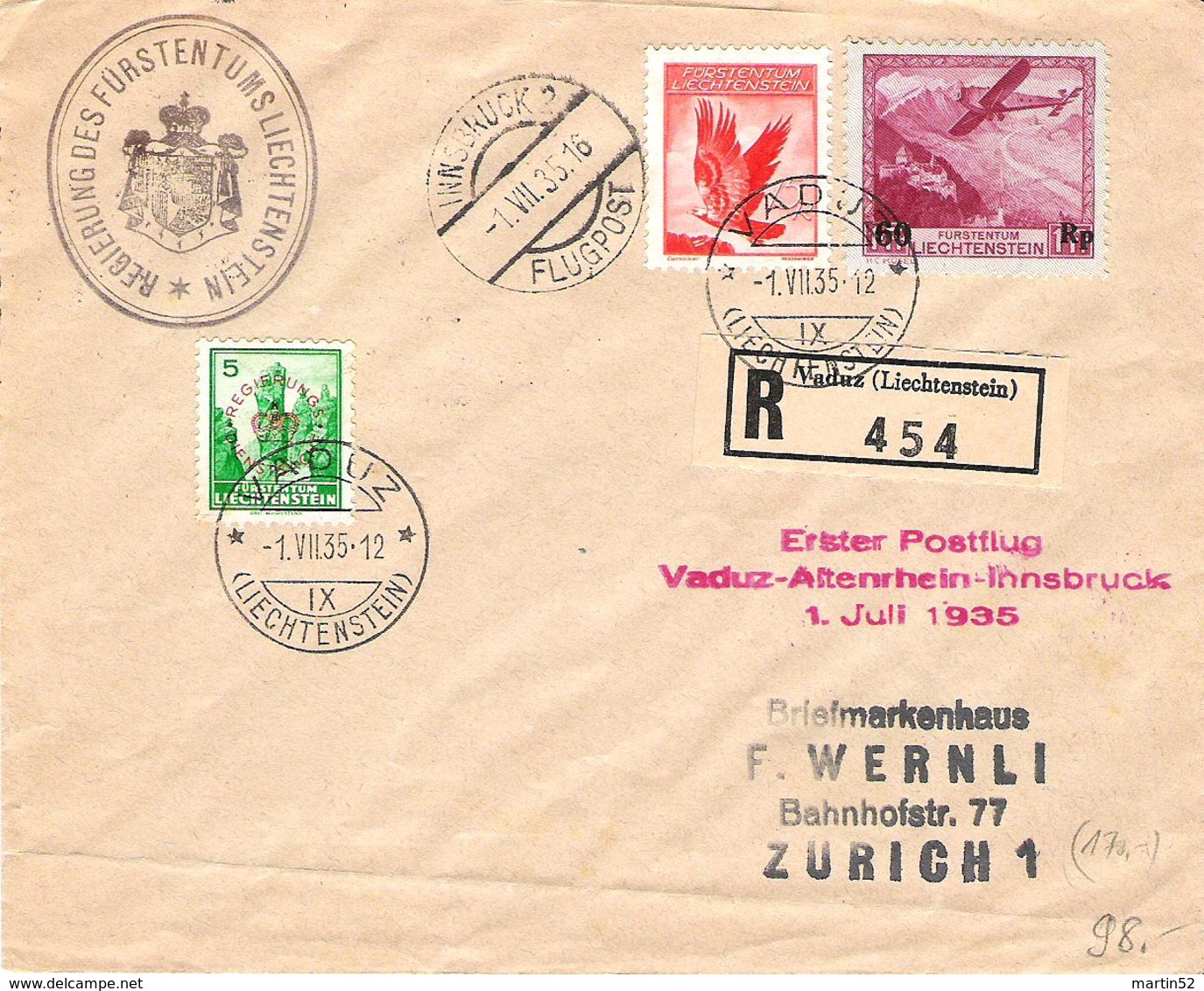 Liechtenstein 1935: Erstflug Vaduz-Innsbruck R-Brief Zu F10+16 Mi 144+148 DIENST+SACHE No. 21 Mi 20 Mit O VADUZ 1.VII.35 - Service