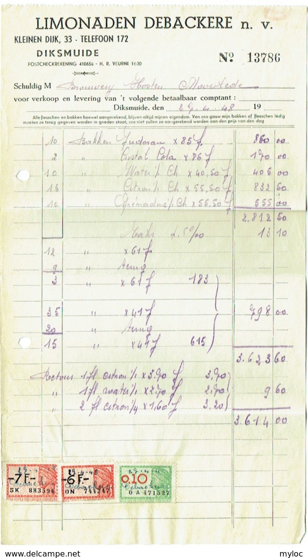 Facture. Limonaden Debackere, Diksmuide/Dixmude Avec Timbres Fiscaux. 1948. - 1900 – 1949