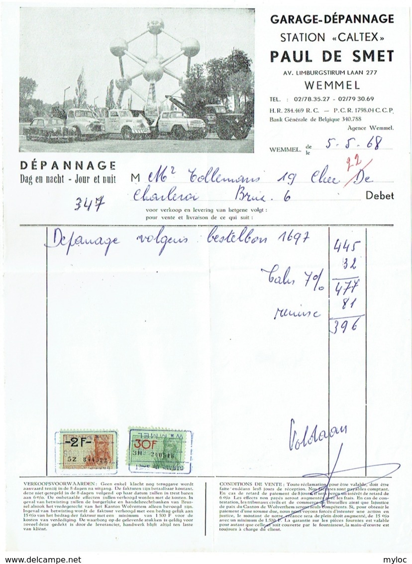 Facture. Garage-Dépannage, Station CALTEX, Wemmel Avec Timbres Fiscaux. 1968. - Auto's