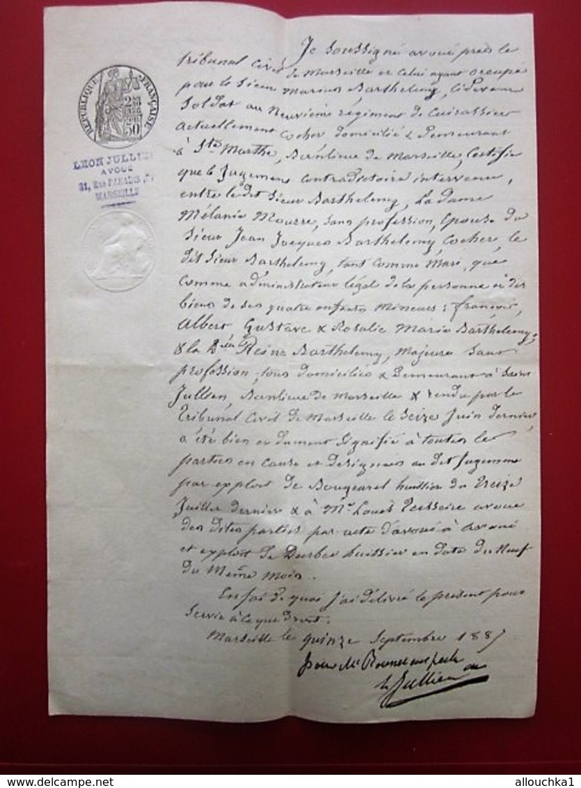 1887 MANUSCRIT JUGEMENT TRIBUNAL CIVIL-BARTHÉLEMY SOLDAT 9é RÉGIMENT CUIRASSIERS MARSEILLE SAINTE-MARTHE ET SAINT-JULIEN - Manuscripts