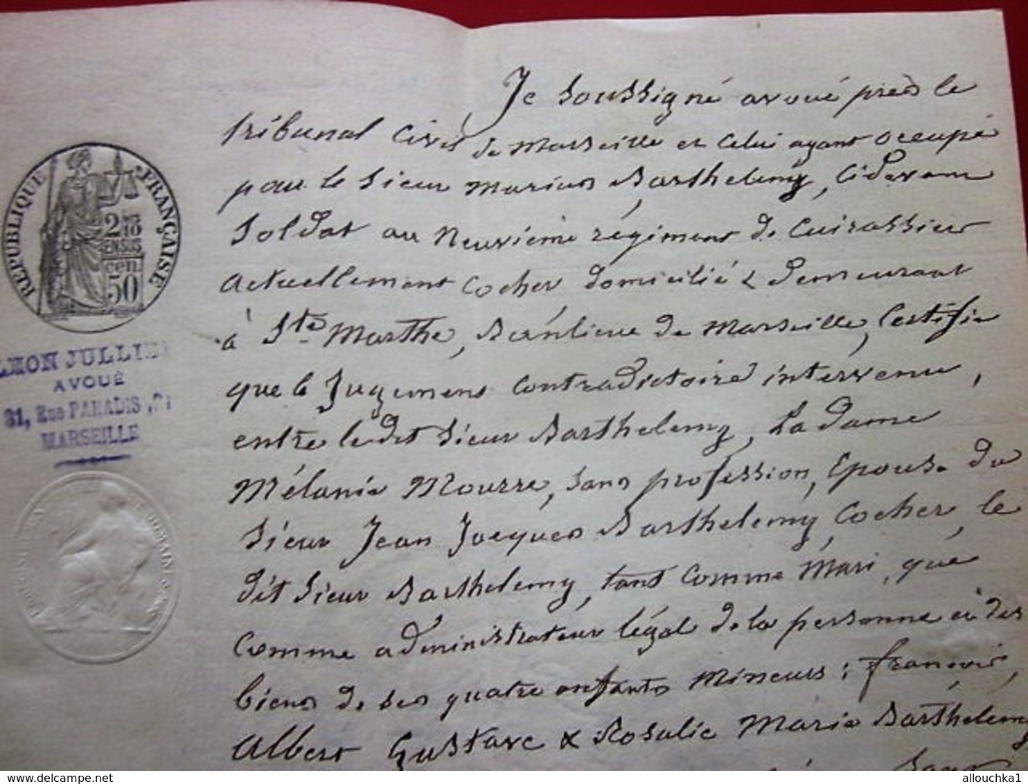 1887 MANUSCRIT JUGEMENT TRIBUNAL CIVIL-BARTHÉLEMY SOLDAT 9é RÉGIMENT CUIRASSIERS MARSEILLE SAINTE-MARTHE ET SAINT-JULIEN - Manuscrits