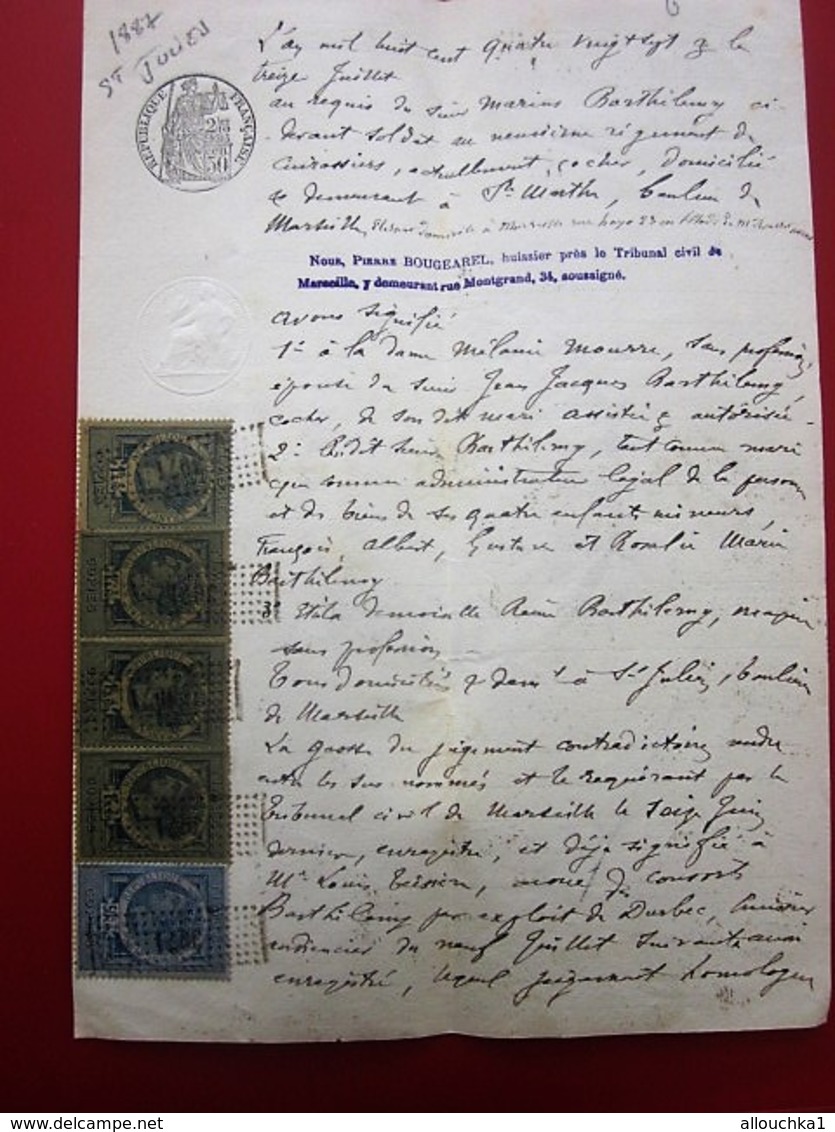 1887 MANUSCRIT JUGEMENT TRIBUNAL CIVIL-BARTHÉLEMY SOLDAT 9é RÉGIMENT CUIRASSIERS MARSEILLE SAINTE-MARTHE/SAINT-JULIEN - Manuscrits