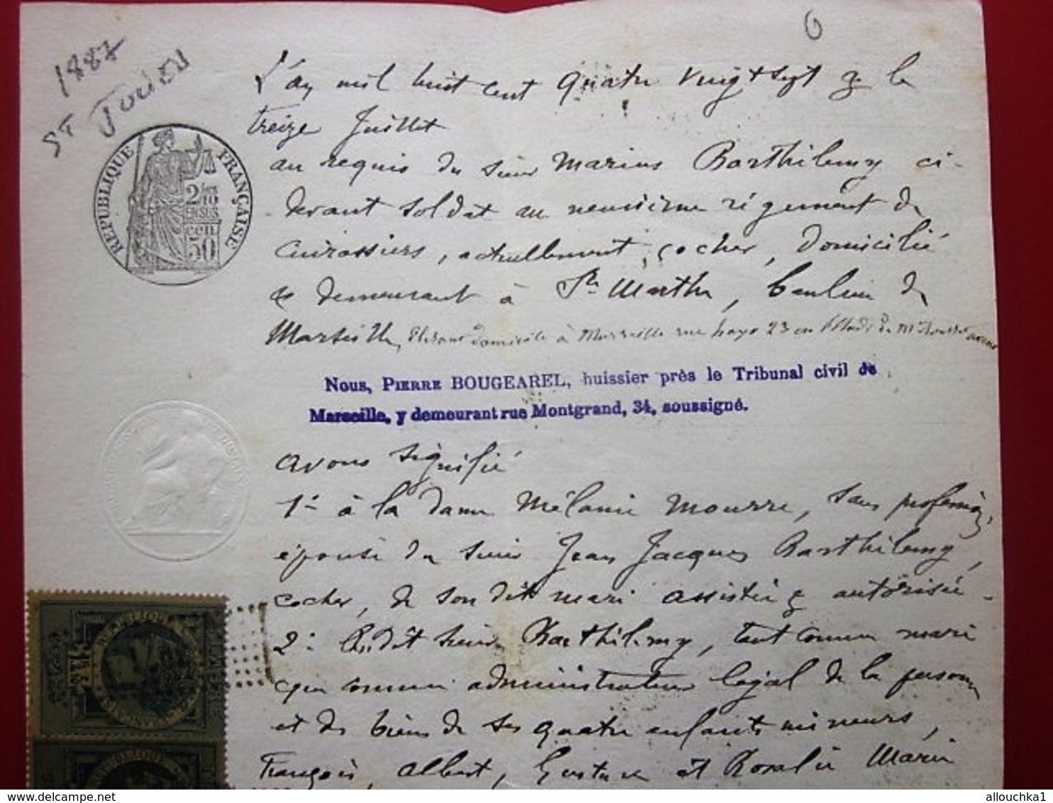1887 MANUSCRIT JUGEMENT TRIBUNAL CIVIL-BARTHÉLEMY SOLDAT 9é RÉGIMENT CUIRASSIERS MARSEILLE SAINTE-MARTHE/SAINT-JULIEN - Manuscrits