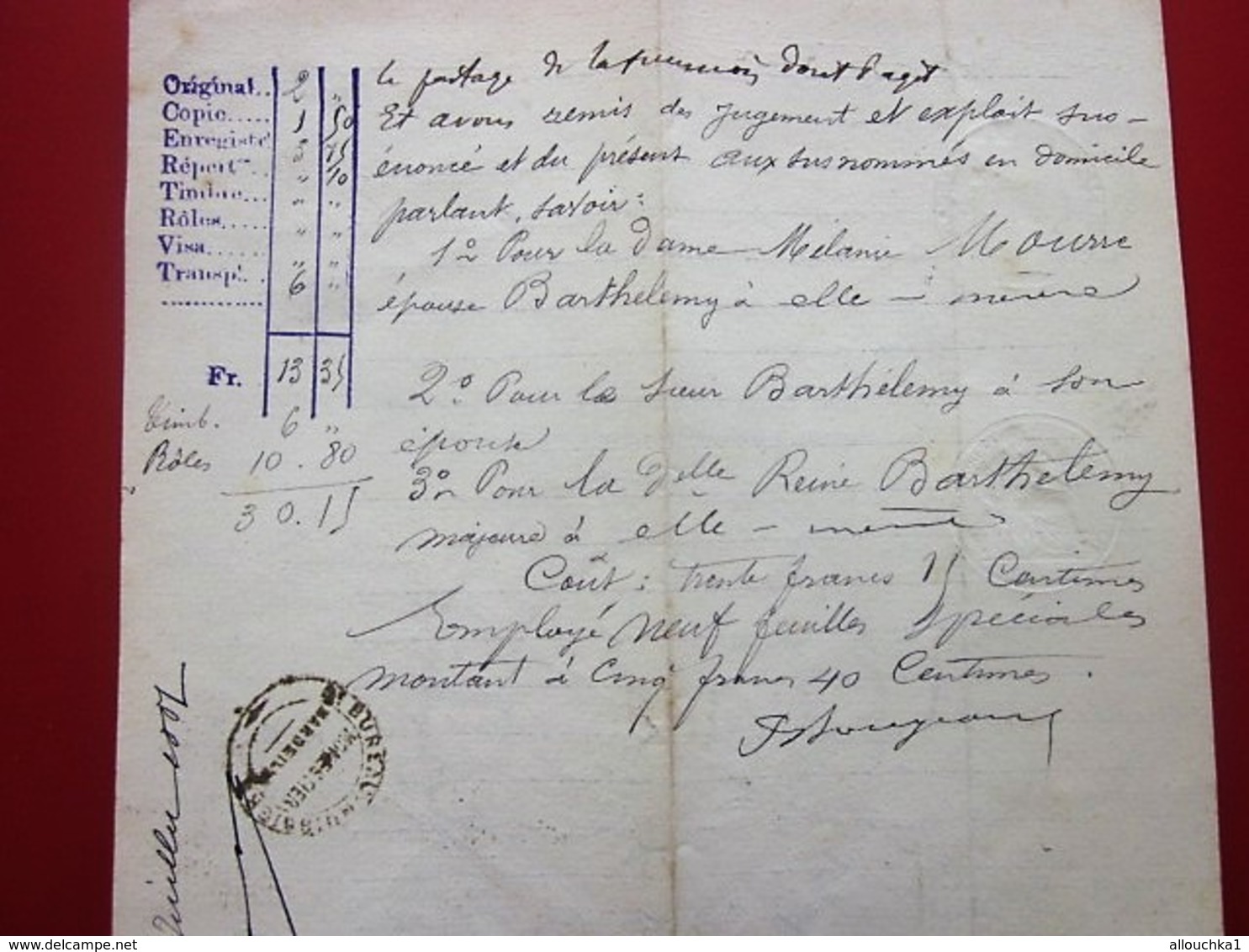 1887 MANUSCRIT JUGEMENT TRIBUNAL CIVIL-BARTHÉLEMY SOLDAT 9é RÉGIMENT CUIRASSIERS MARSEILLE SAINTE-MARTHE/SAINT-JULIEN