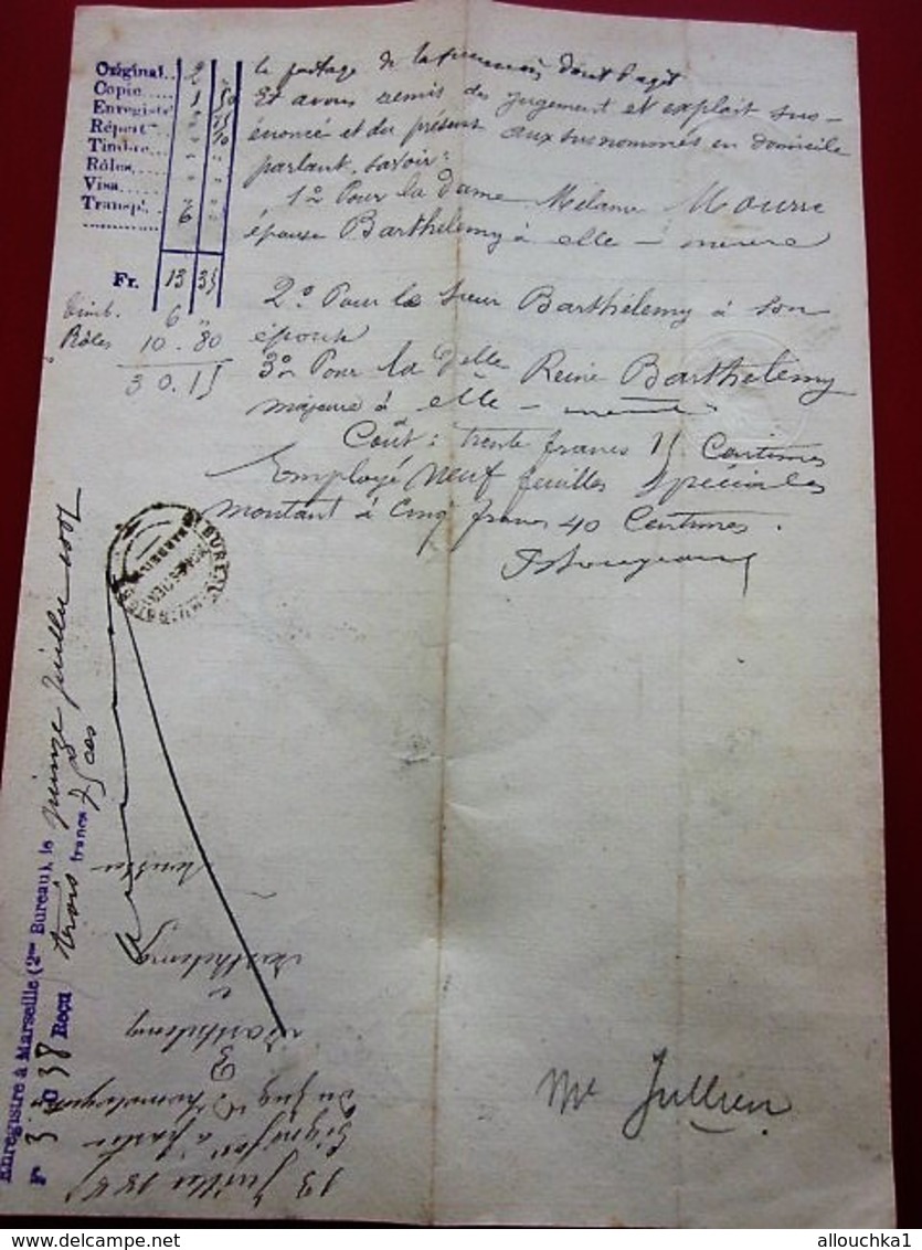 1887 MANUSCRIT JUGEMENT TRIBUNAL CIVIL-BARTHÉLEMY SOLDAT 9é RÉGIMENT CUIRASSIERS MARSEILLE SAINTE-MARTHE/SAINT-JULIEN