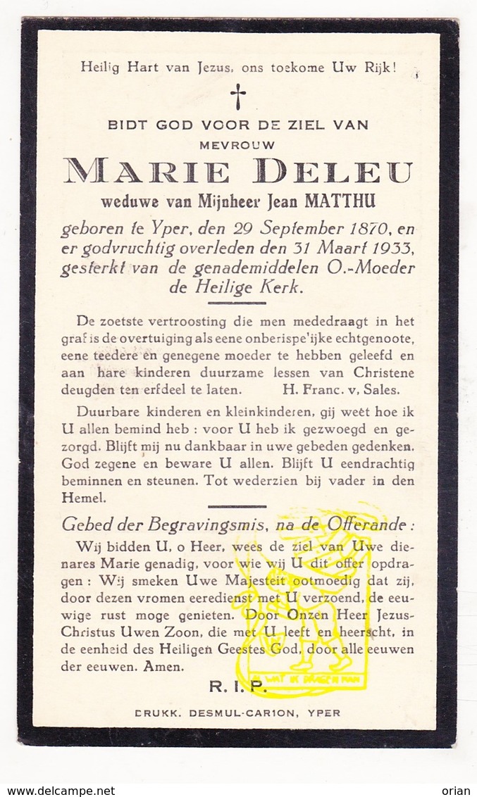 DP Marie Deleu ° Ieper 1870 † 1933 X Jean Matthu - Images Religieuses