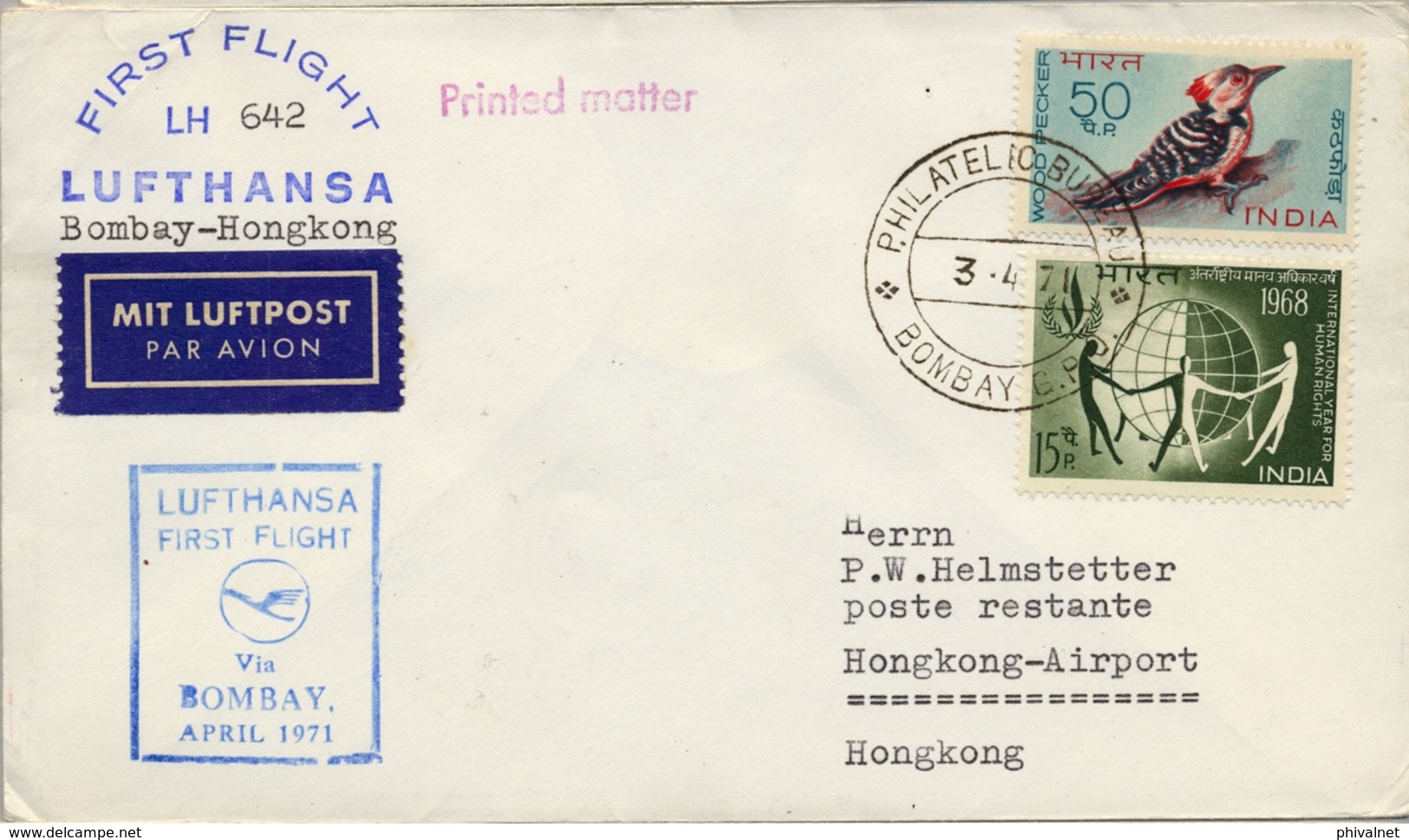 1971 INDIA  , PRIMER VUELO / FIRST FLIGHT , LUFTHANSA , BOMBAY - BANGKOK - Cartas & Documentos