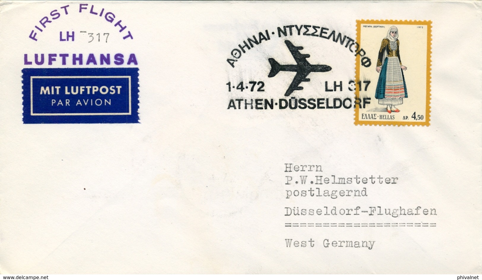 1972 GRECIA  , PRIMER VUELO / FIRST FLIGHT , LUFTHANSA , THESALONICA - DÜSSELDORF - Cartas & Documentos