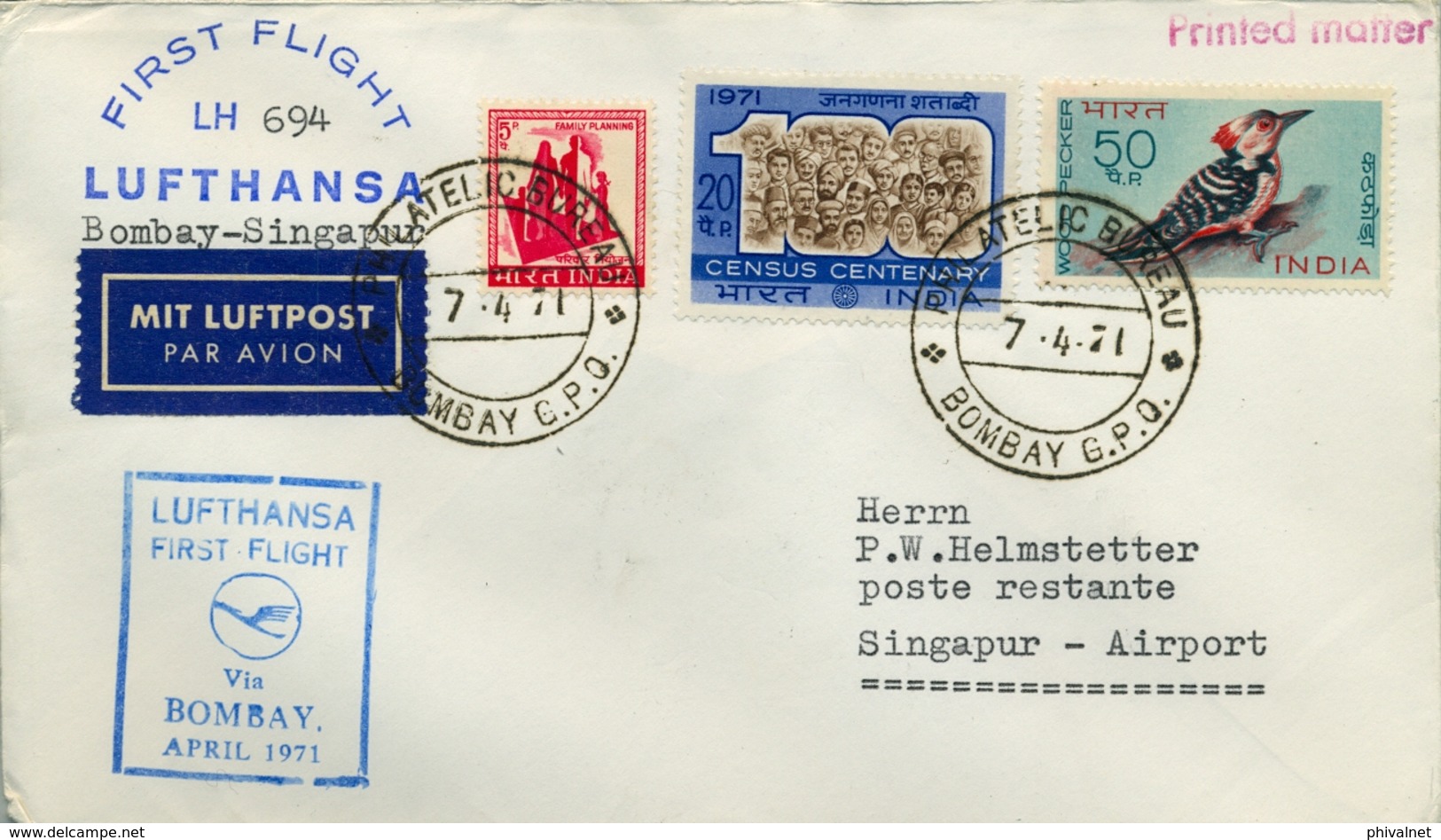 1971 INDIA  , PRIMER VUELO / FIRST FLIGHT , LUFTHANSA , BOMBAY - SINGAPUR - Cartas & Documentos