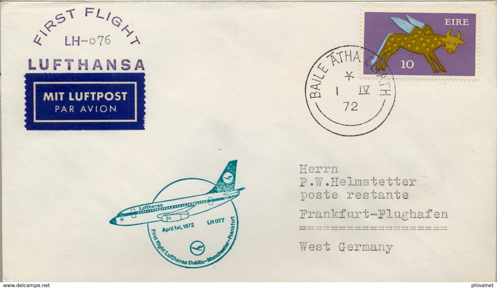 1972 IRLANDA  , PRIMER VUELO / FIRST FLIGHT , LUFTHANSA , DUBLIN - FRANKFURT - Covers & Documents