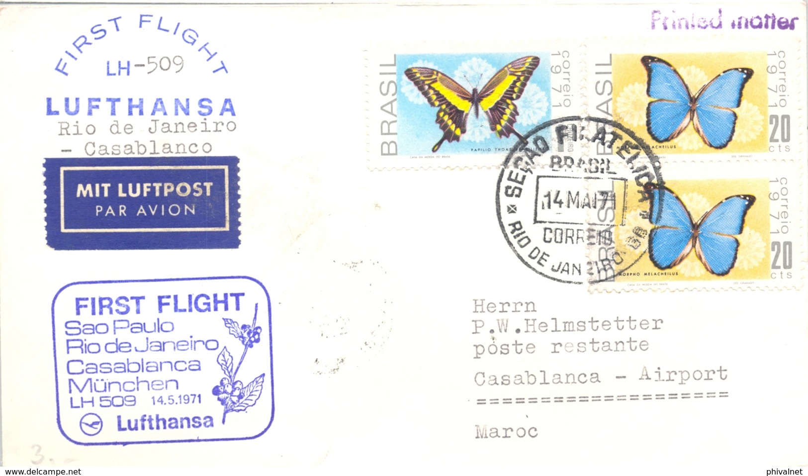1971 BRASIL  , PRIMER VUELO / FIRST FLIGHT , LUFTHANSA , RIO DE JANEIRO - CASABLANCA - Cartas & Documentos