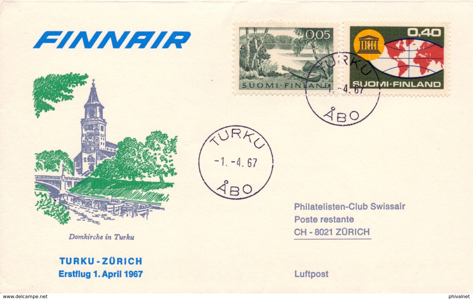 1967 FINLANDIA   , PRIMER VUELO / FIRST FLIGHT , FINNAIR - TURKU - ZÜRICH - Cartas & Documentos