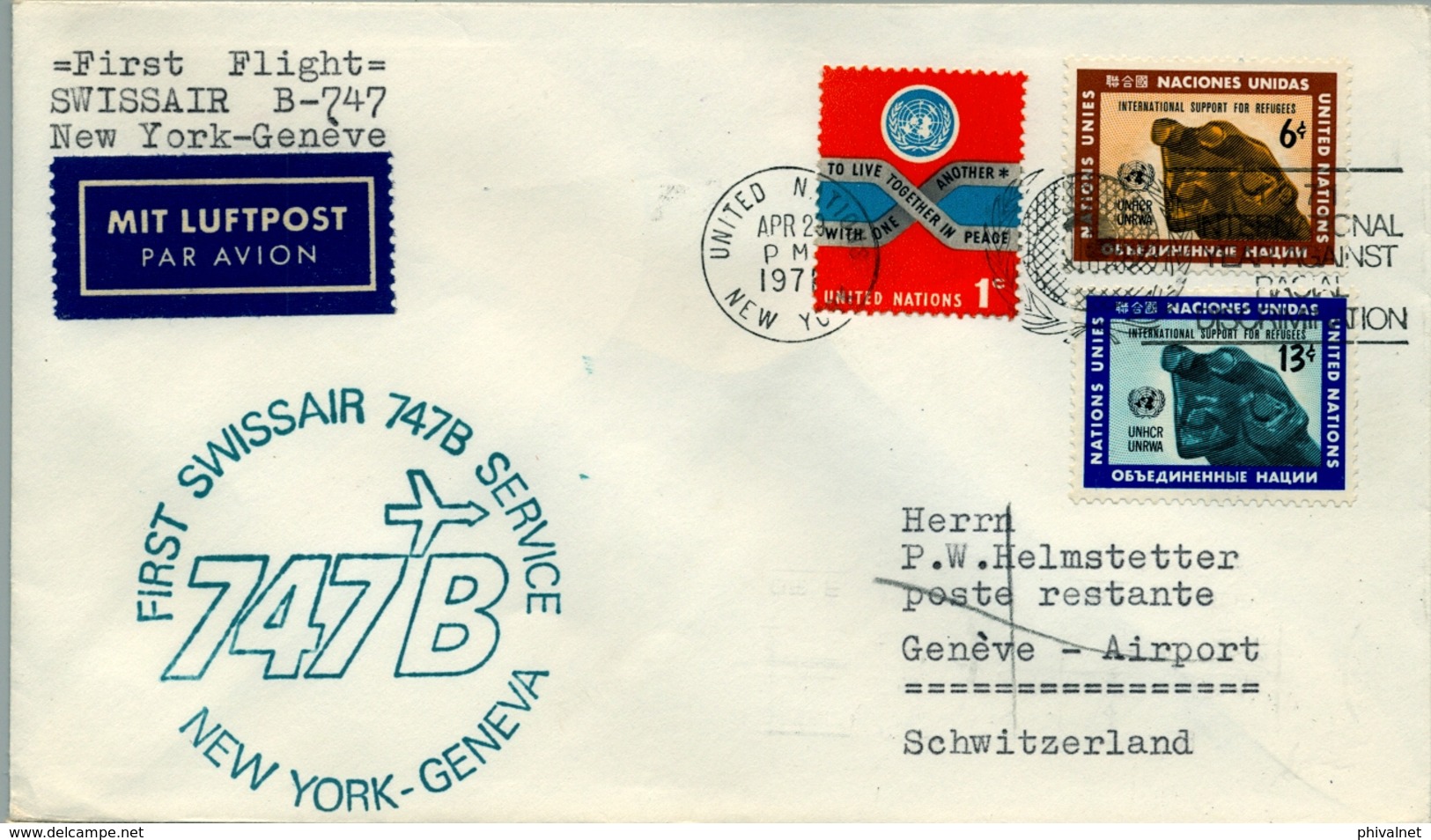 1971 NACIONES UNIDAS  , PRIMER VUELO / FIRST FLIGHT , SWISSAIR , NEW YORK - GENÉVE - Lettres & Documents