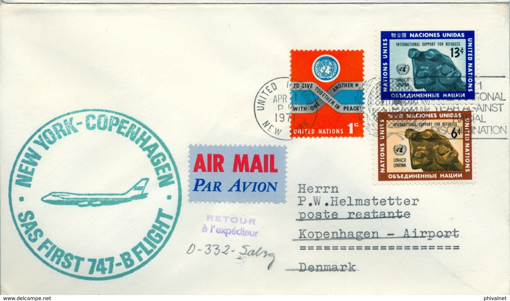 1971 NACIONES UNIDAS  , PRIMER VUELO / FIRST FLIGHT , SAS , NEW YORK - COPENHAGEN - Storia Postale