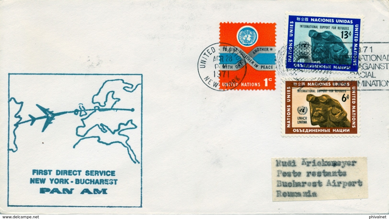 1971 NACIONES UNIDAS  , PRIMER VUELO / FIRST FLIGHT , PAN AM , NEW YORK - BUCAREST - Cartas & Documentos