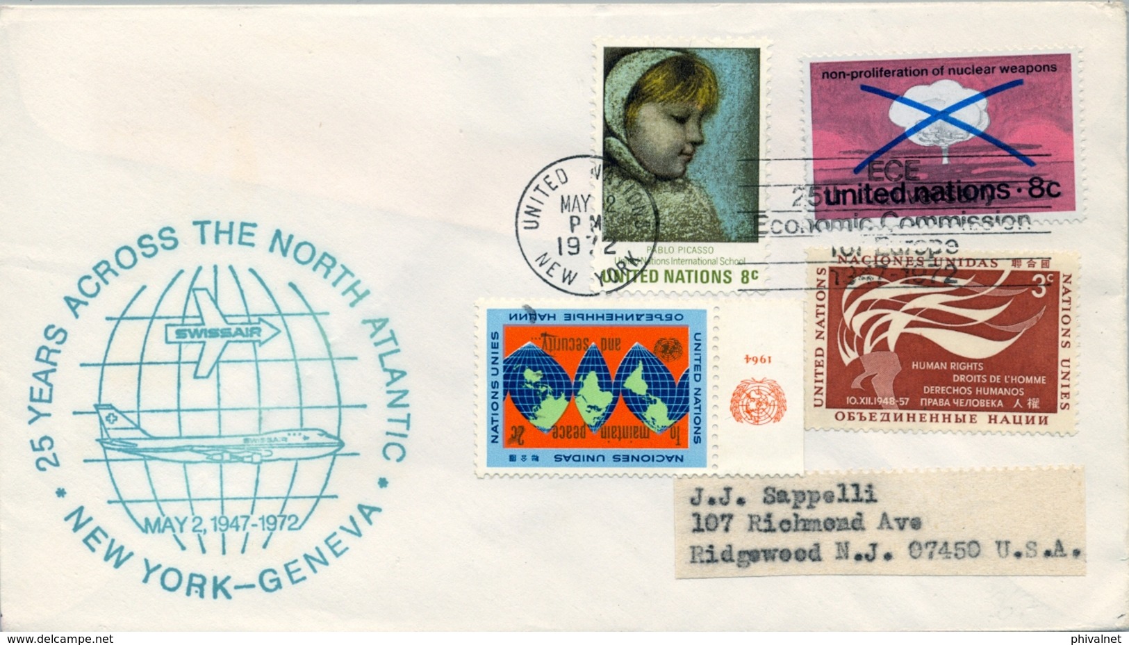 1971 NACIONES UNIDAS  , VUELO CONMEMORATIVO , SWISSAIR , NEW YORK - GENÉVE , 25 YEARS ACROSS THE NORTH ATLANTIC - Cartas & Documentos