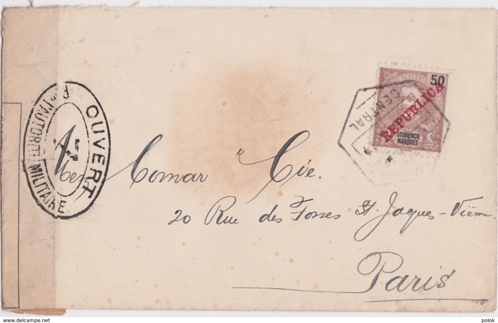 Lettre Mozambique, Ouvert Par L'autorité Militaire 7 (Controle Postal), Cachet Lourenço Marques Central 1916 - Mozambique