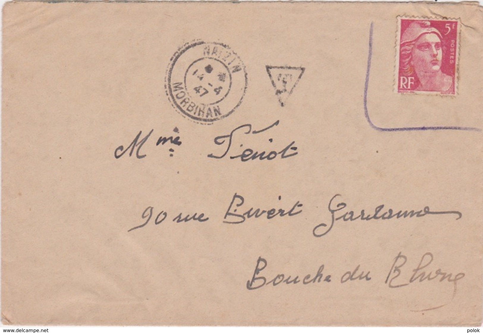 Lettre France - Cachet NAIZIN (Morbihan) Du 14/04/1947 - Cachet Triangulaire T - 1921-1960: Modern Period