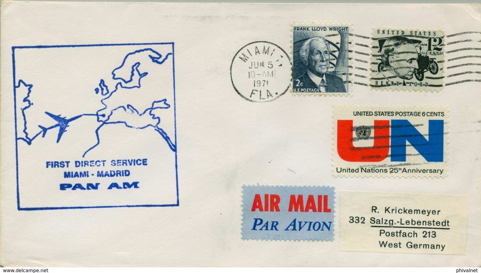 1971 ESTADOS UNIDOS ,  PRIMER VUELO , FIRST FLIGHT , PAN AM , MIAMI - MADRID - Cartas & Documentos