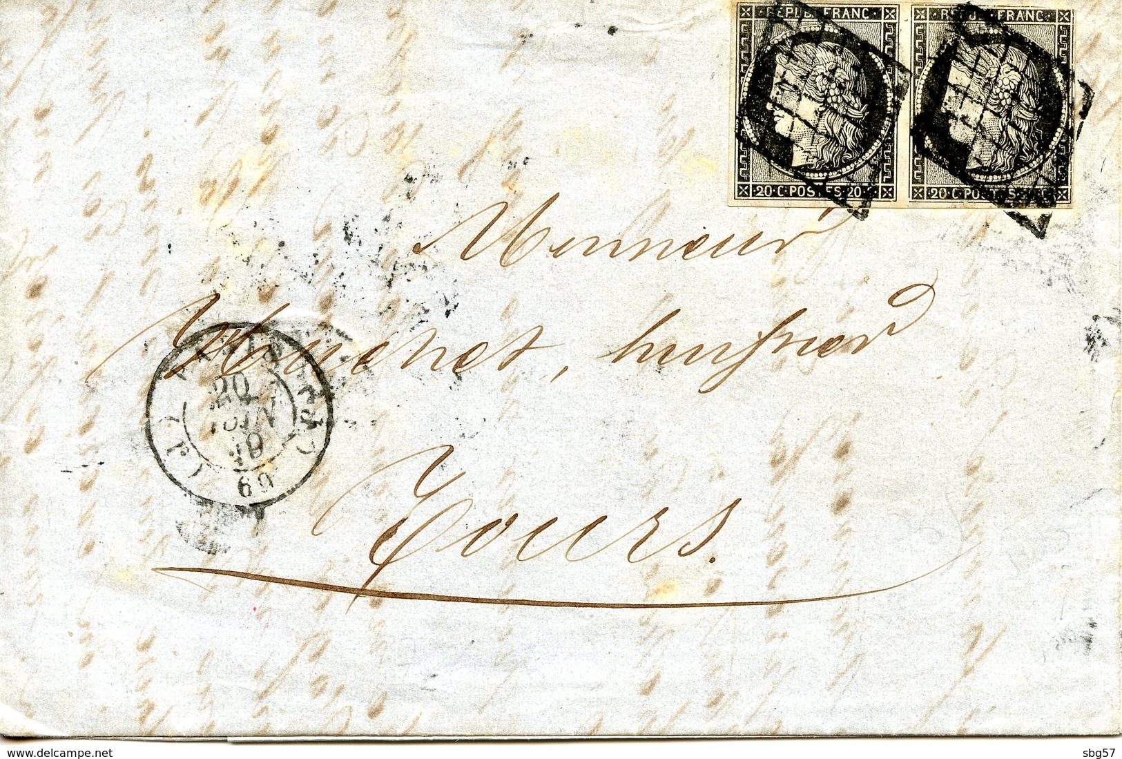 Lettre Avec Contenu De Paris Pour Tours, Affranchie Par Une Paire De Cérès 20 C Noir (YT N° 3), Datée Du 20/06/1849 - 1849-1850 Ceres
