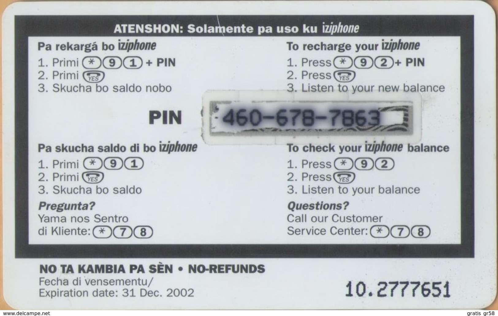 Antilles (Neth) - AN-BON-TBC-0001a, TELBOCEL, Computer & Fishing,  GSM Refill, 10 NAƒ, Exp.Day 31/12/2002, Used - Antillen (Nederlands)