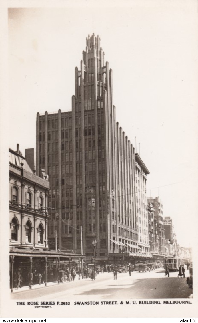 Melbourne Australia, Swanston Street Scene, M.U. Building, Autos, C1920s Vintage Rose Series P.2653 Real Photo Postcard - Melbourne