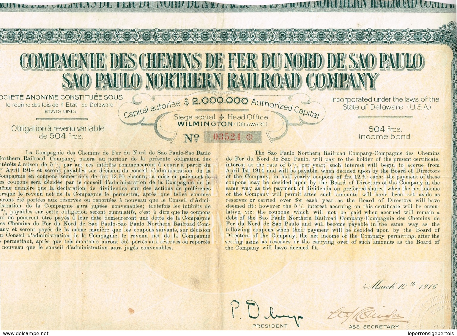 Titre Ancien - Compagnie Des Chemins De Fer Du Nord De Sao Paulo -sao Paulo Northern Railroad Company  - Titre De 1916 - Spoorwegen En Trams