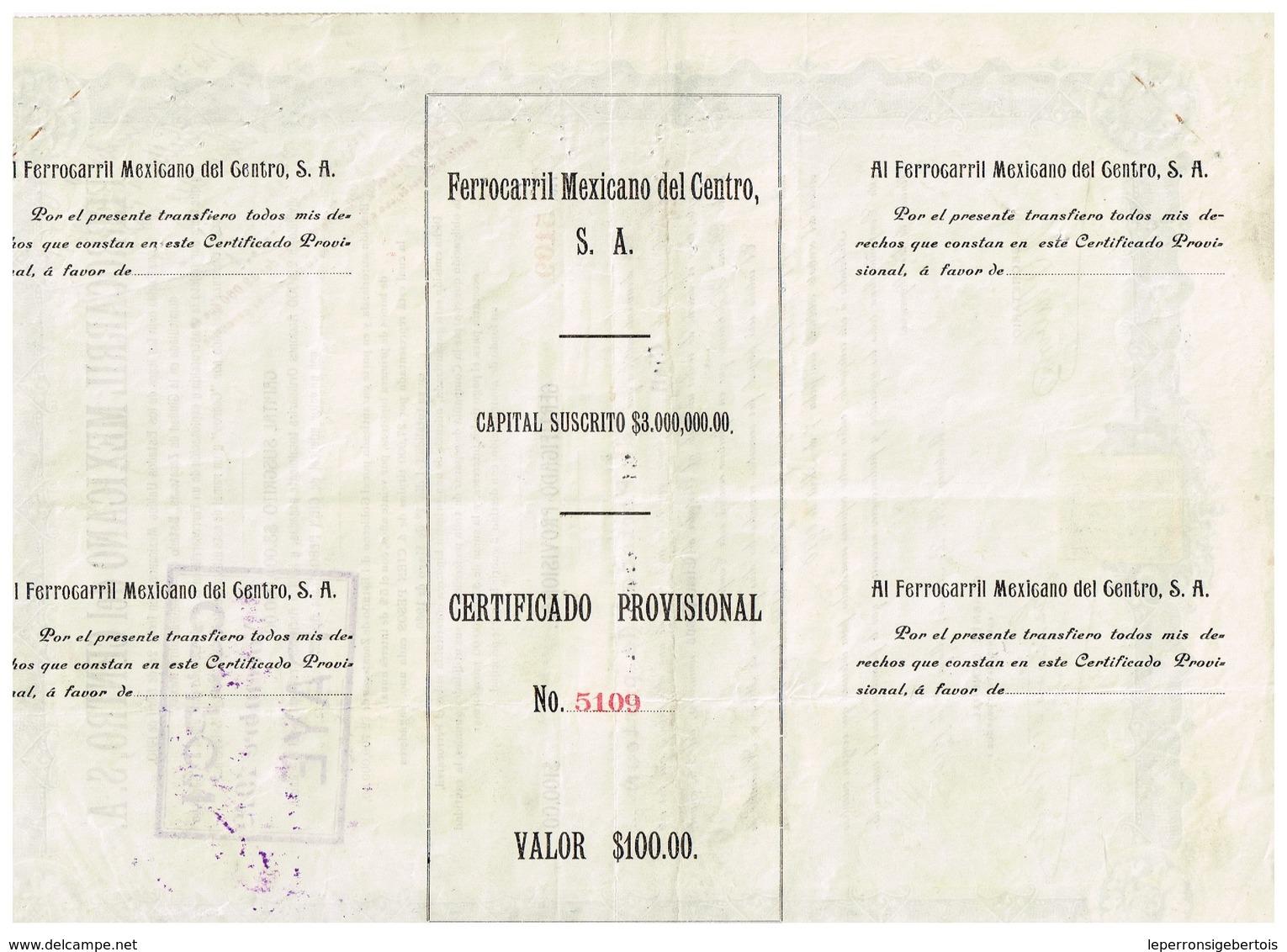 Titre Ancien - Ferrocarril Mexicano Del Centro S.A. - Titre De 1910 - Bahnwesen & Tramways