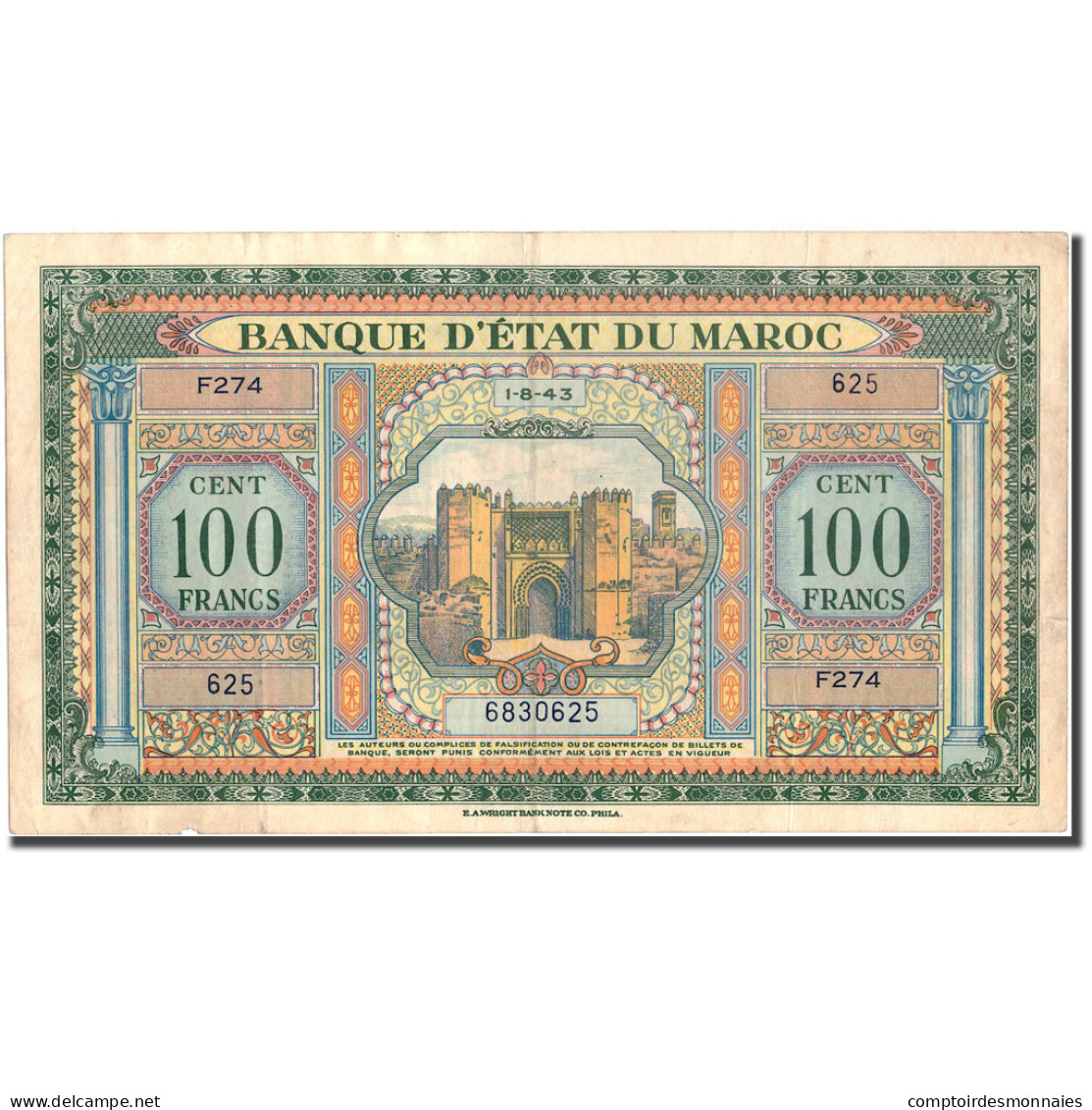 Billet, Maroc, 100 Francs, 1943-08-01, KM:20, TTB - Marokko