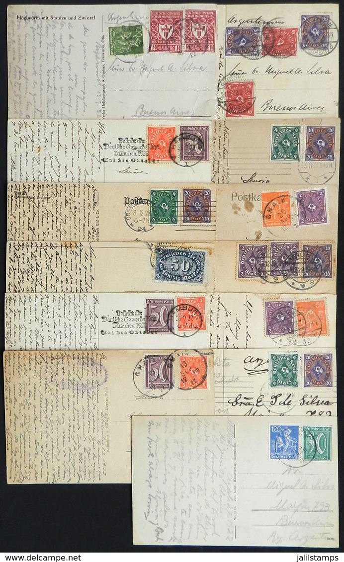 GERMANY: 13 Postcards Sent To Argentina In Late 1922, All With INFLATION POSTAGES Of The Beginning Of The German Hyperin - Andere & Zonder Classificatie