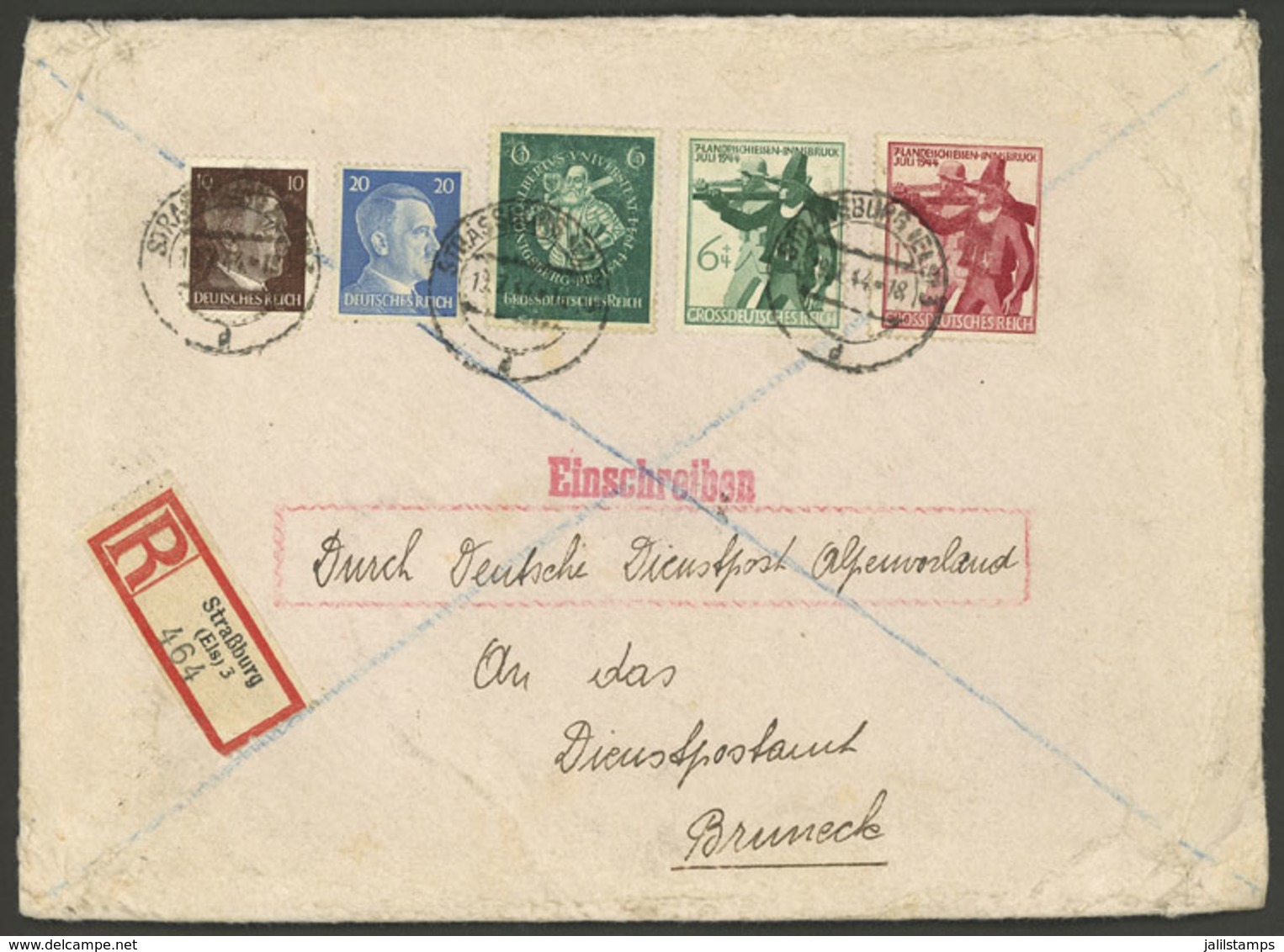 GERMANY: 19/JUL/1944 Strassburg - Bruneck, Registered Cover With Nice 5-color Postage, And Arrival Backstamp, Very Inter - Sonstige & Ohne Zuordnung