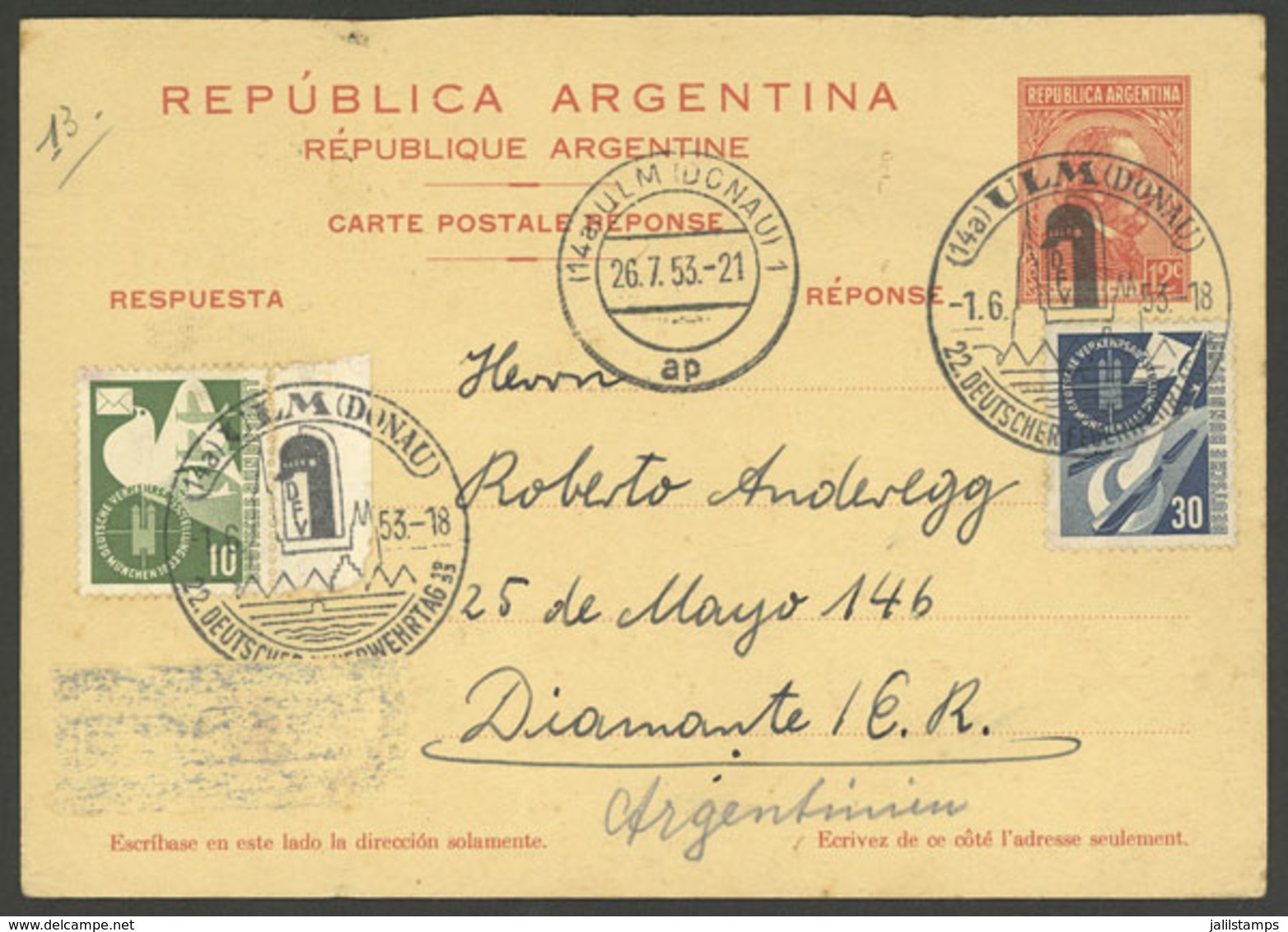 GERMANY: Reply-paid Postal Card Of Argentina (GJ.TAR- 86) Sent To Diamante On 26/JUL/1956 With German Postage, And Arriv - Altri & Non Classificati