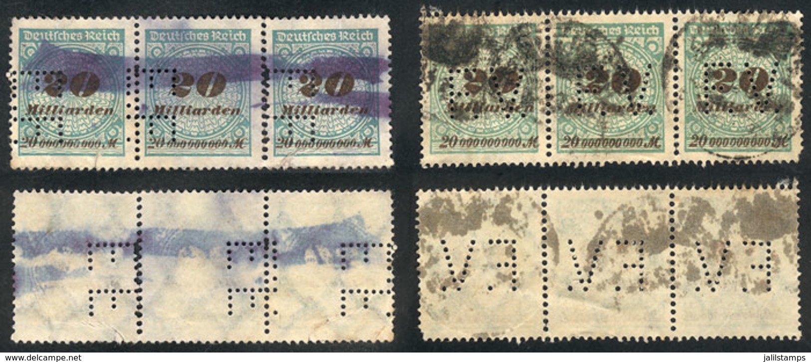 GERMANY: 2 Used Strips Of 3 Of INFLA Stamps (different Colors) With Interesting "E.F." And "E.V." Perfins, VF!" - Verzamelingen