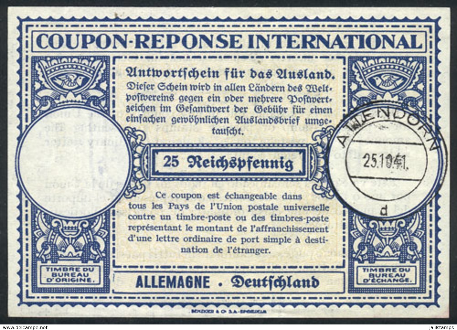 GERMANY: International Reply Coupon (IRC) Of 25Pf., With Postmark Of Attendorn 25/OC/1941, VF Quality! - Other & Unclassified