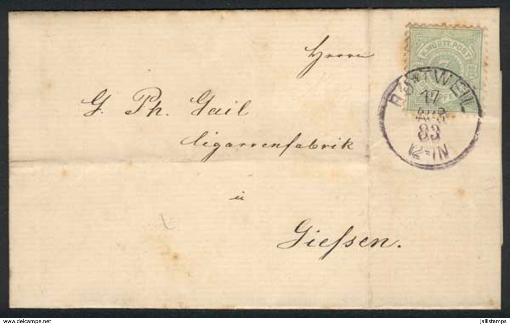 GERMANY - WURTTEMBERG: Complete Folded Letter (printed Matter) Sent From Rotweil To Giessen On 17/AP/1883, Franked By Mi - Otros & Sin Clasificación