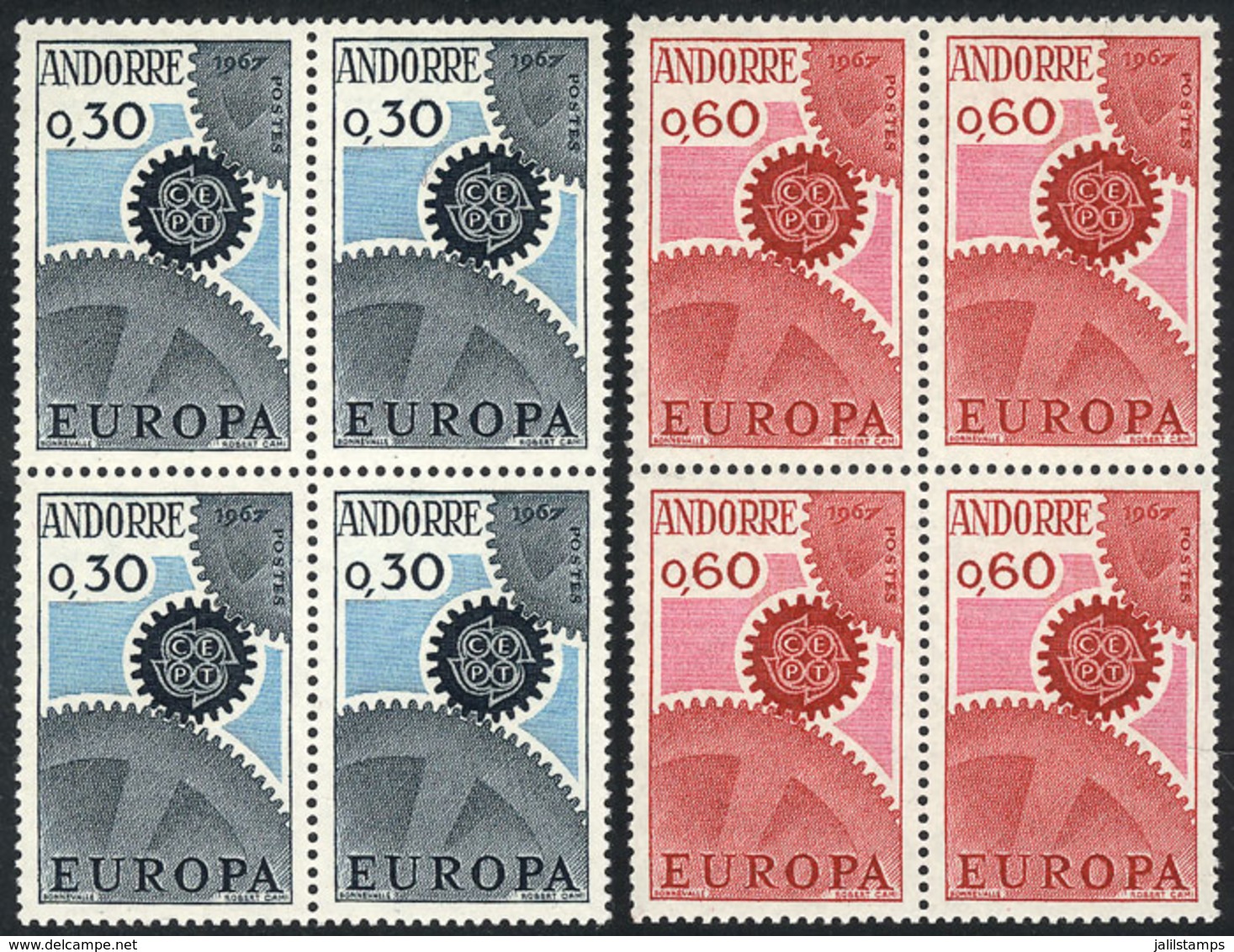 FRENCH ANDORRA: Yvert 179/180, 1967 Topic Europa, MNH Blocks Of 4, Excellent Quality, Catalog Value Euros 100. - Unused Stamps