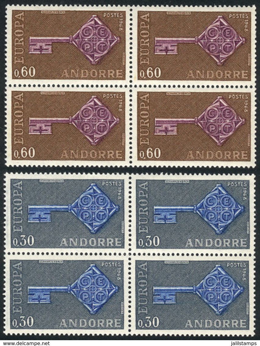 FRENCH ANDORRA: Yvert 188/189, 1968 Topic Europa, MNH Blocks Of 4, Excellent Quality, Catalog Value Euros 140. - Nuevos