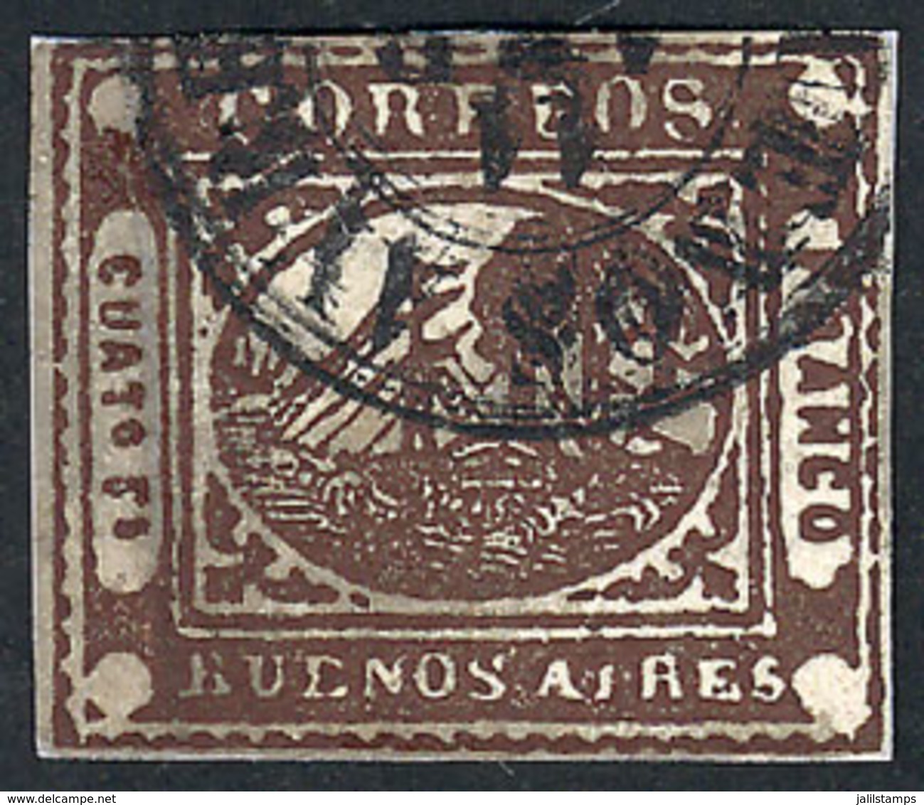 ARGENTINA: GJ.9A, 4 Reales CHOCOLATE, Defective And Repaired, Nice Front, Catalog Value US$350 - Buenos Aires (1858-1864)