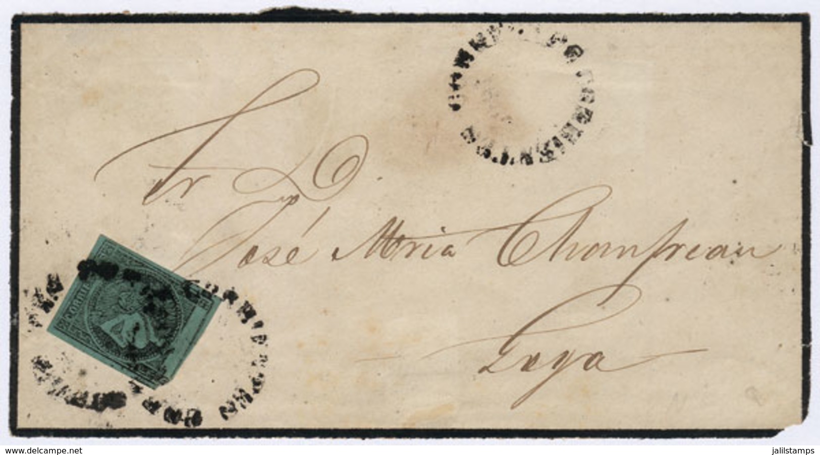 ARGENTINA: GJ.5, 1865 Blue-green, Type 8, Franking A Front Of Mourning Cover Sent To Goya, With THREE STRIKES Of Rimless - Corrientes (1856-1880)