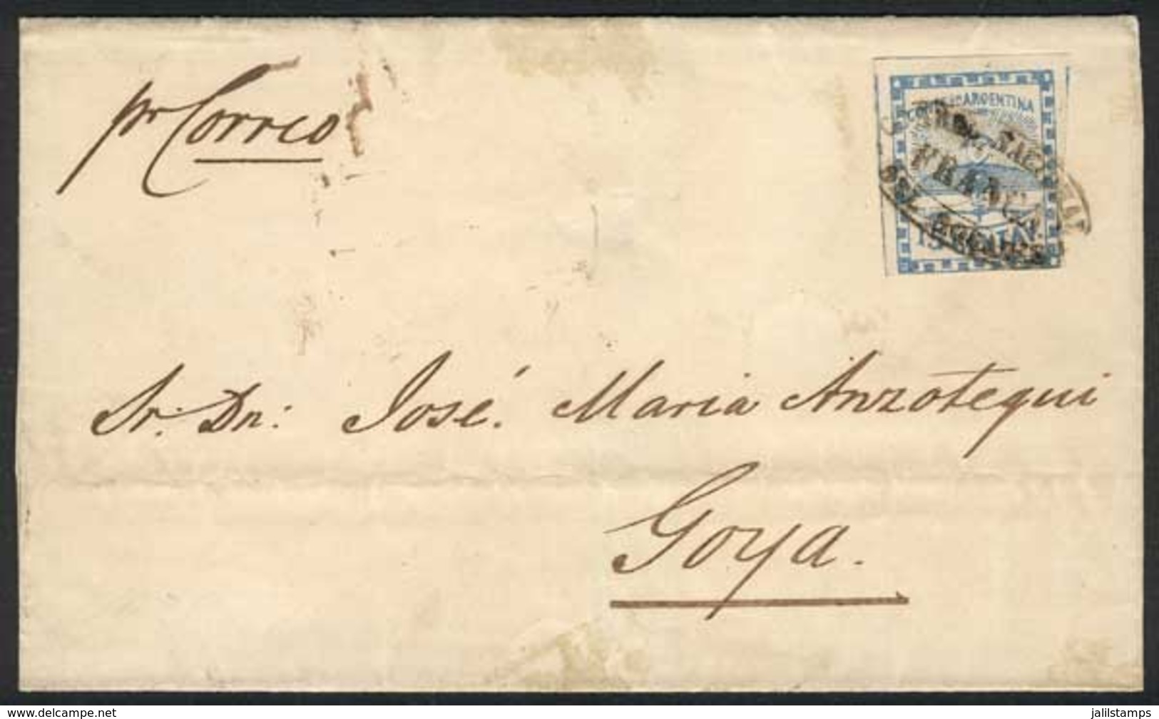 ARGENTINA: GJ.3, 15c. Blue Franking A Folded Cover Dated 14/JUL/1860, Cancelled By ROSARIO - FRANCA Double Ellipse, To G - Unused Stamps