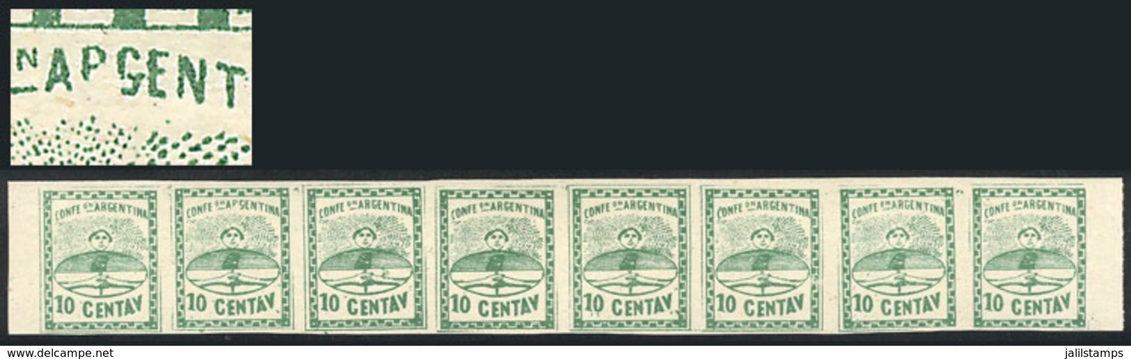 ARGENTINA: GJ.5A, 10c. Large Figures, Dark Green, Strip With The 8 Types, The 2nd Stamp With "APGENTINA" Variety, MNH, S - Ongebruikt