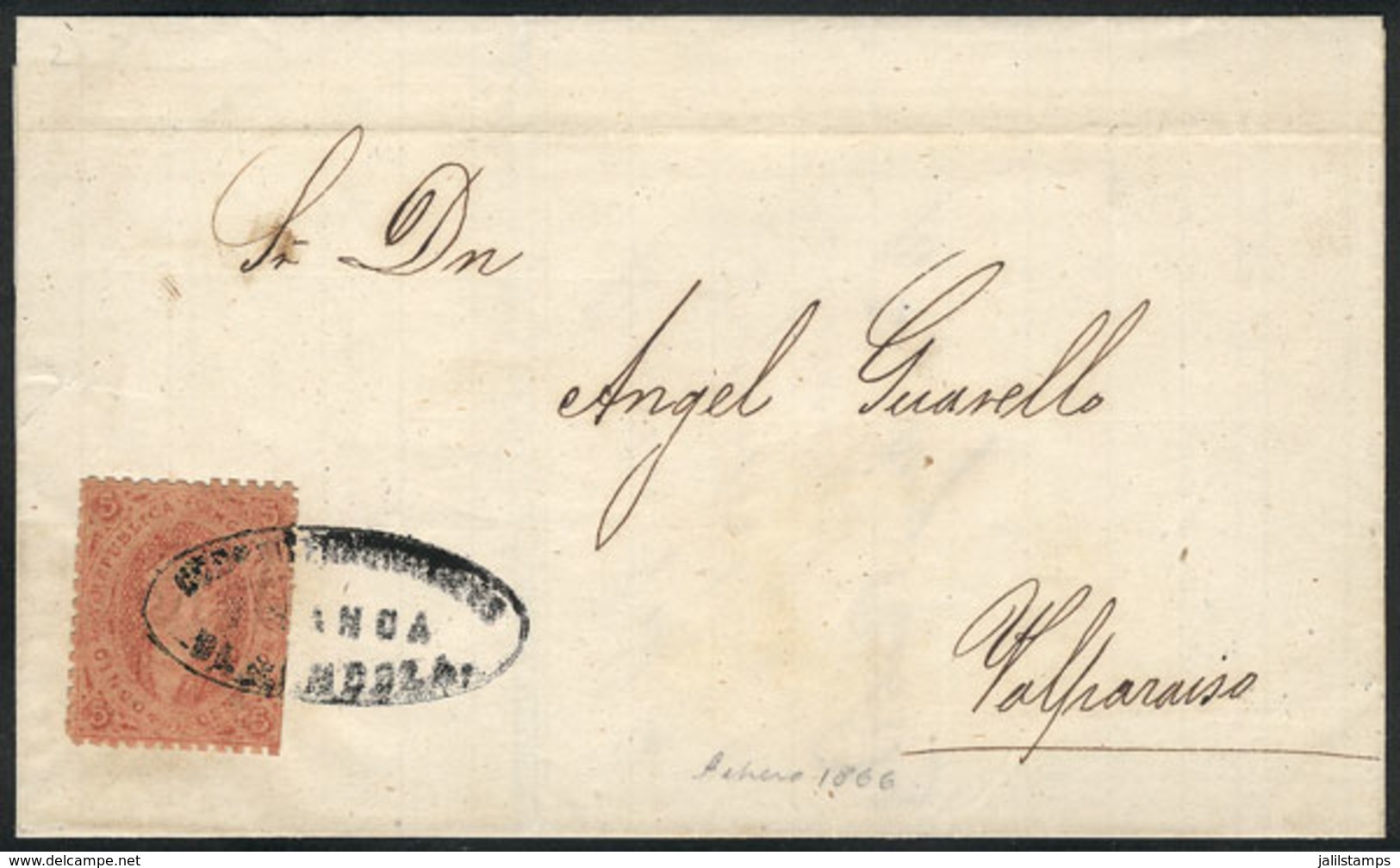 ARGENTINA: GJ.20, 3rd Printing, Very Clear Impression, On Folded Cover With Oval MENDOZA Cancel, Sent To Valparaíso In F - Covers & Documents