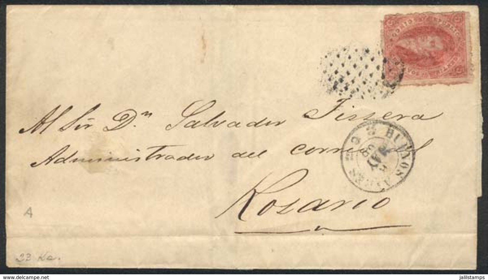 ARGENTINA: GJ.25, 4th Printing, Franking A Folded Cover Sent From Buenos Aires To Rosario On 6/MAY/1866, Very Nice! - Covers & Documents