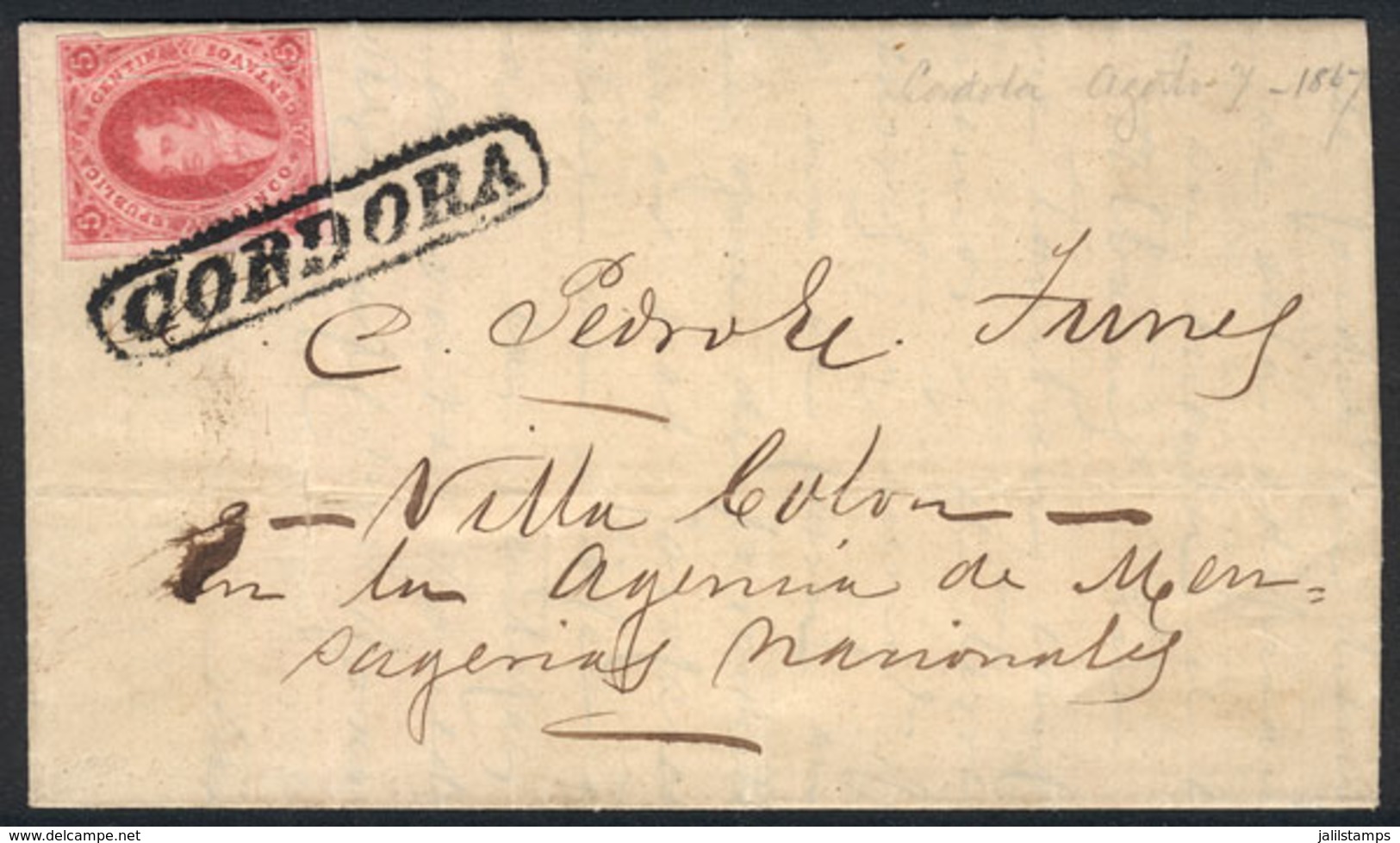 ARGENTINA: GJ.32b, 7th Printing Imperf, Partial Double Impression Var. And LARGE FOLD, On Compl. Folded Letter Dated 7/A - Brieven En Documenten