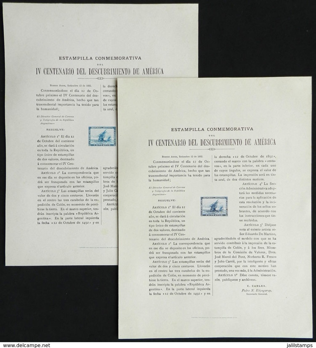 ARGENTINA: GJ.135/136, 1892 Discovery Of America, 2 Die Proofs With Decree Of The Issue, Printed On Card, VF Quality! - Altri & Non Classificati