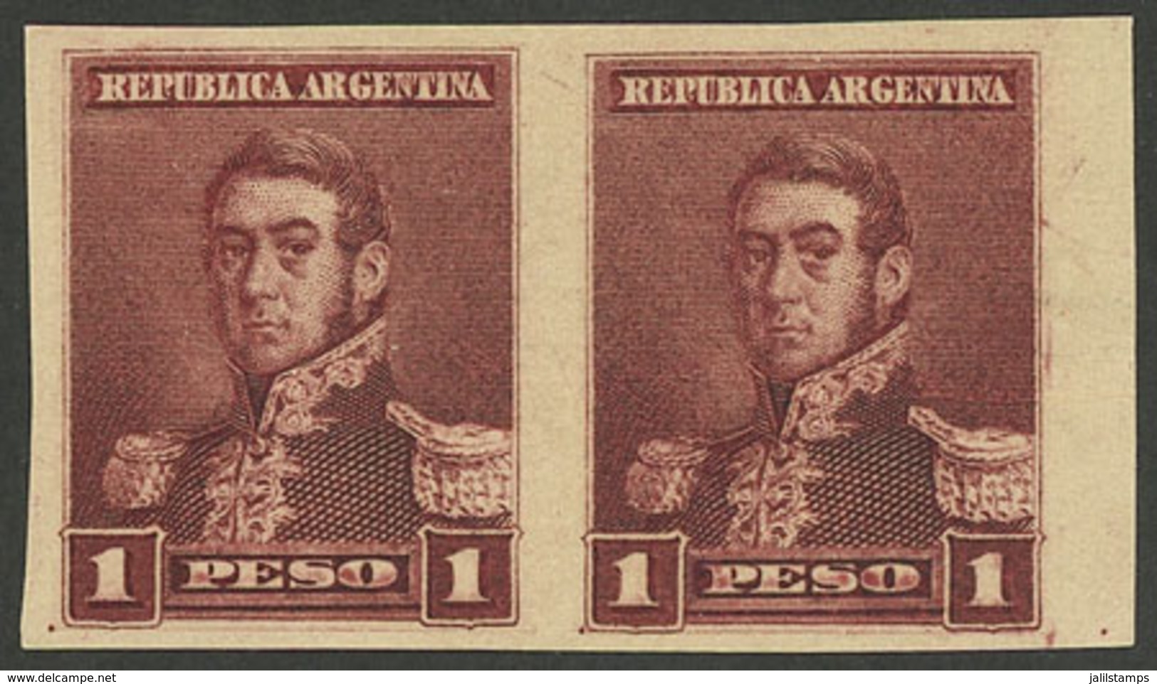 ARGENTINA: GJ.148P, 1892 1P. San Martín IMPERFORATE PAIR, Issued Without Gum, VF Quality! - Other & Unclassified