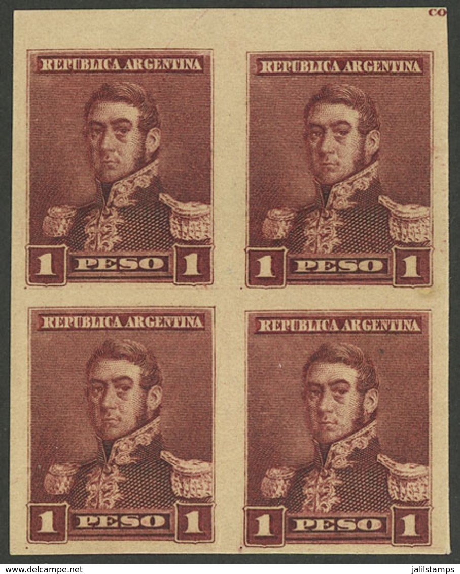 ARGENTINA: GJ.148P, 1892 1P. San Martín IMPERFORATE BLOCK OF 4, Issued Without Gum, VF Quality! - Other & Unclassified